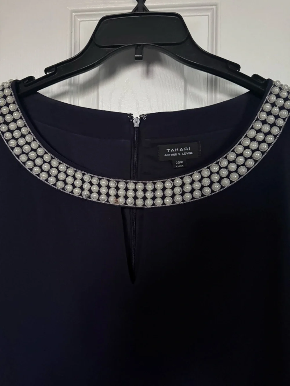 Tahari ASL Navy Shift Dress with Pearl-Embellished Collar - Picture 3 of 9
